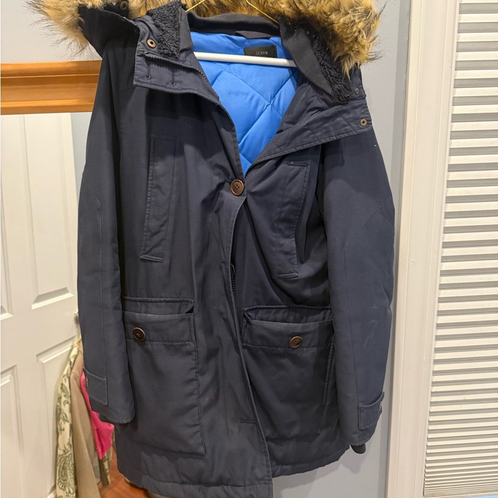 J. Crew Navy Blue Puffer Coat with Faux Fur Hood